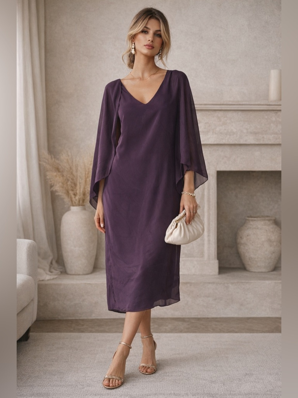 Joseph Plata Purple Silk Dress Draped Overlay V-Neck Midi USA